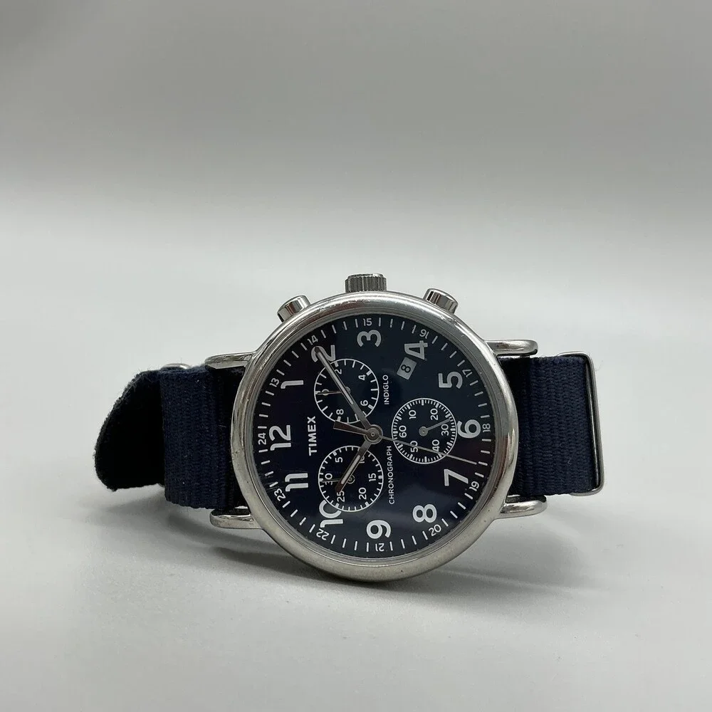 Timex Indiglo Chronograph Mens Watch 40mm Blue Dial Blue Date New Battery